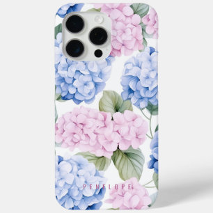 Roze Blauwe hortensia gepersonaliseerde iPhone cas 15 Pro Max Hoesje