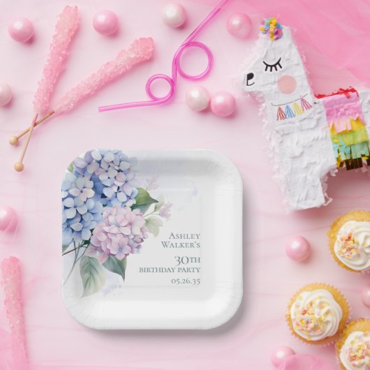 Roze blauwe hortensia's 30e verjaardag papieren bordje (Feest)