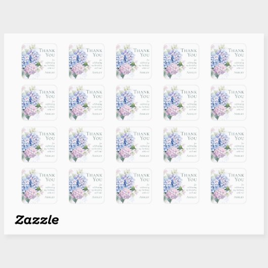 Roze Blauwe Hortensia's 30e Verjaardagsfeest Dank  Vierkante Sticker (Vel)