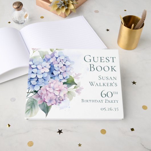 Roze Blauwe Hortensia's 60e Verjaardag Gastenboek (Voorkant open)