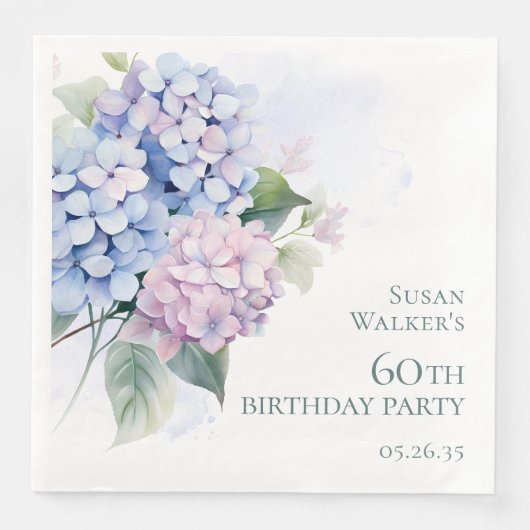 Roze Blauwe Hortensia's 60ste Verjaardagsfeest Servet (Voorkant)