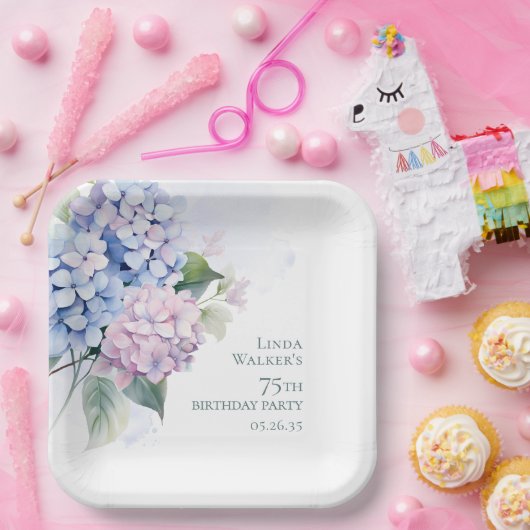 Roze blauwe hortensia's 75e verjaardag papieren bordje (Feest)