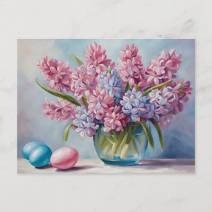 Roze, blauwe hyacint bloemen en paaseieren feestdagenkaart
