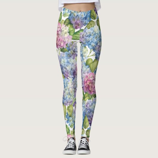Roze blauwe hydrangea in Bloom Floral Pattern Leggings (Voorkant)