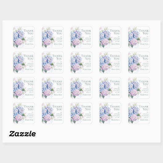 Roze Blauwe Hydrangeas 65e Verjaardagsfeest Dank u Vierkante Sticker (Vel)
