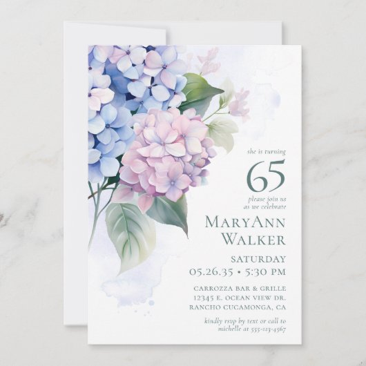 Roze Blauwe Hydrangeas 65ste Verjaardagsfeest Kaart (Voorkant)
