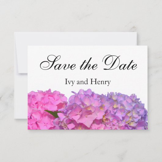 Roze blauwe hydrangeas elegante roze paarse bloeme save the date (Voorkant)