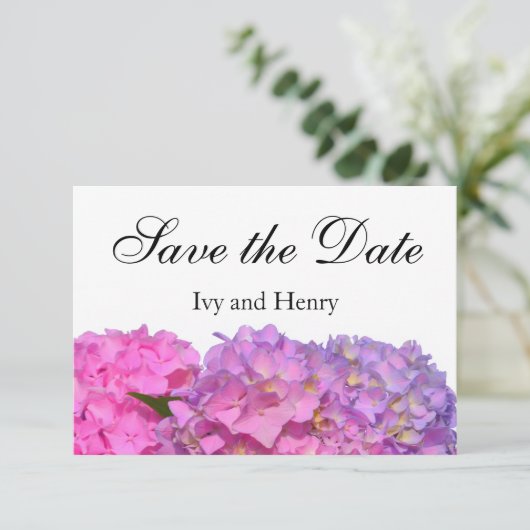 Roze blauwe hydrangeas elegante roze paarse bloeme save the date (Staand voorkant)