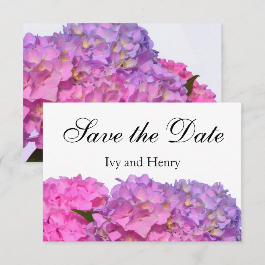 Roze blauwe hydrangeas elegante roze paarse bloeme save the date (Voorkant / Achterkant)