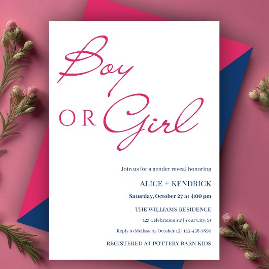 Roze Blauwe Kalligrafie Jongen of Meisje Geslacht  Kaart