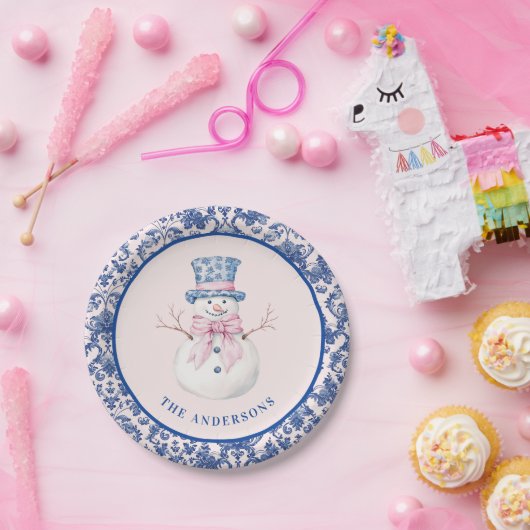 Roze & Blauwe Kerst Sneeuwman W/Damask Border Papieren Bordje (Feest)