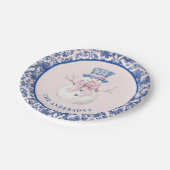 Roze & Blauwe Kerst Sneeuwman W/Damask Border Papieren Bordje (Gekanteld)