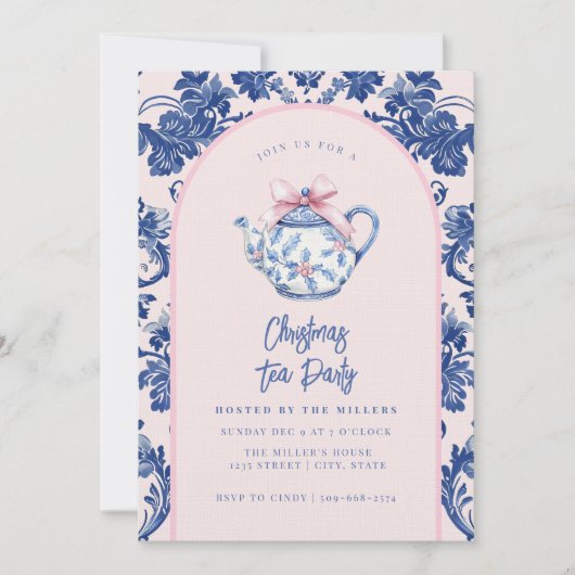 Roze & Blauwe Kerst Tea Party Kaart (Voorkant)