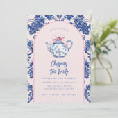 Roze & Blauwe Kerst Tea Party Kaart (Staand voorkant)