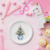 Roze & Blauwe Kerstboom Een Scallop Rand Papieren Bordje (Feest)