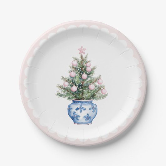Roze & Blauwe Kerstboom Een Scallop Rand Papieren Bordje (Voorkant)