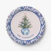 Roze & Blauwe Kerstboom met Damaskborder Papieren Bordje (Voorkant)