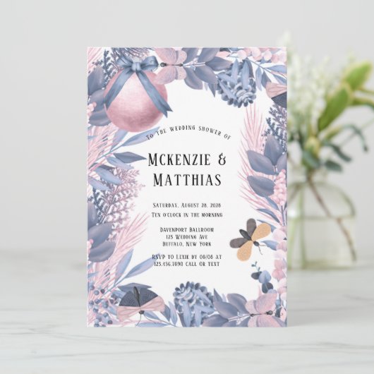 Roze blauwe kerstfinale bruiloft kaart (Staand voorkant)