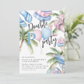 Roze & Blauwe Kids Verjaardag Dubbel Zwembad Party Kaart (Staand voorkant)