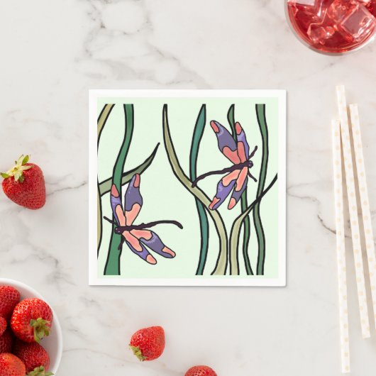 Roze blauwe libellen en groene bladeren servet (Insitu)