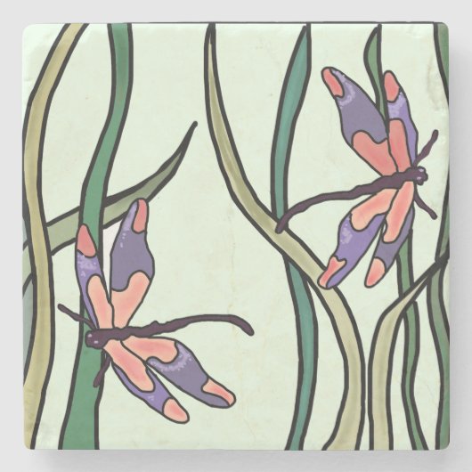 Roze blauwe libellen en groene bladeren stenen onderzetter (Voorkant)