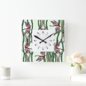 Roze blauwe libellen en groene bladeren vierkante klok (Huis)