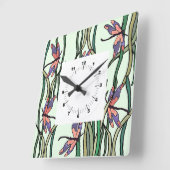 Roze blauwe libellen en groene bladeren vierkante klok (Hoek)