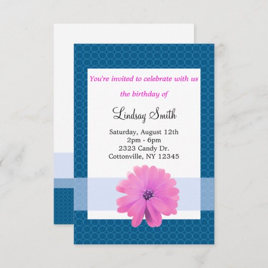 Roze blauwe lintje Birthday uitnodiging (Voorkant / Achterkant)