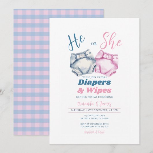 Roze blauwe luiers en doekjes Gender Reveal Gingha Kaart (Voorkant / Achterkant)