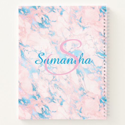  roze blauwe marmer naam op maat notitieboek (Achterkant)