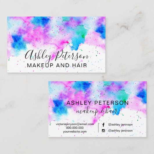 Roze blauwe, moderne waterverf penseelmake-up visitekaartje (Voorkant / Achterkant)