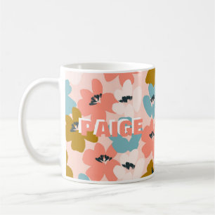 Roze Blauwe Monogram Bloemen Patroon Mok