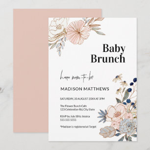 Roze Blauwe Mooie Bloemige Baby Brunch Borrel Kaart