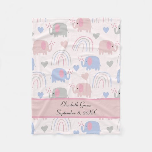 Roze Blauwe Olephants Rainbows Nursery Fleece Deken (Voorkant)