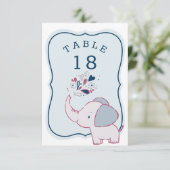 Roze & Blauwe Olifant Baby shower Tafelnummer Kaar (Staand voorkant)