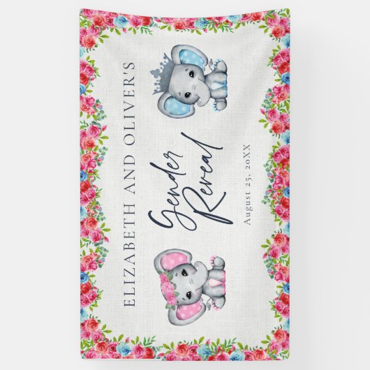 Roze & Blauwe Olifant Rozen Geslacht onthullen Spandoek (Verticaal)