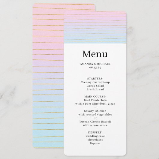 Roze Blauwe Ombre met Dunne Gouden Lijnen Trouwmen Kaart (Voorkant / Achterkant)