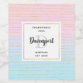 Roze Blauwe Ombre met Dunne Gouden Lijnen Wijnbere Wijn Etiket (Enkel label)
