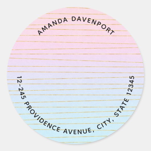 Roze Blauwe Ombre met Gouden Lijnen Adres Ronde Sticker (Voorkant)