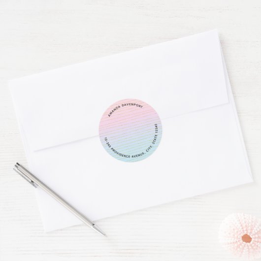 Roze Blauwe Ombre met Gouden Lijnen Adres Ronde Sticker (Envelop)