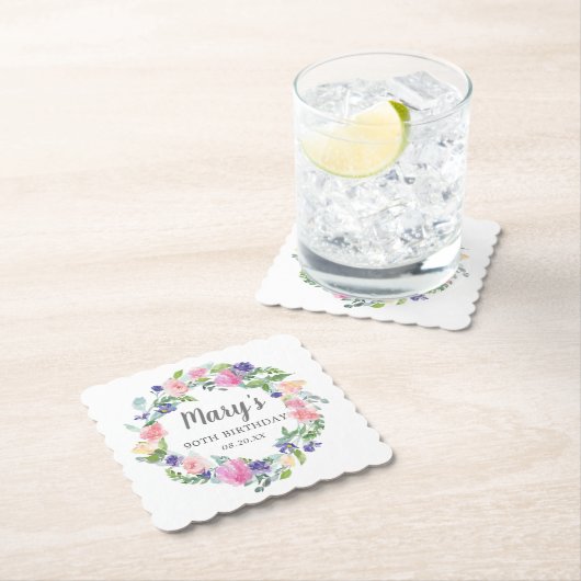 Roze blauwe Paarse Floral 90e verjaardag Kartonnen Onderzetters (Insitu)