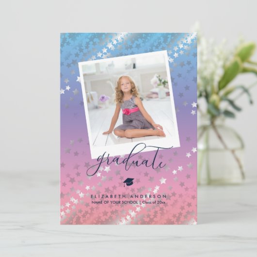 Roze blauwe Paarse regenbooggradiënt Afstuderen Fo Aankondiging (Staand voorkant)