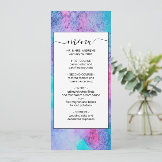  roze blauwe Paarse Waterverf kunst Menu (Staand voorkant)