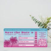 Roze Blauwe Palmen Faux Boarding Pass Save The Dat Kaart (Staand voorkant)