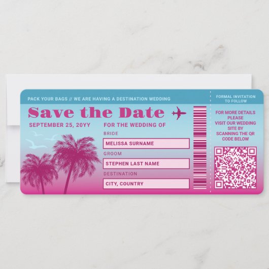 Roze Blauwe Palmen Faux Boarding Pass Save The Dat Kaart (Voorkant)