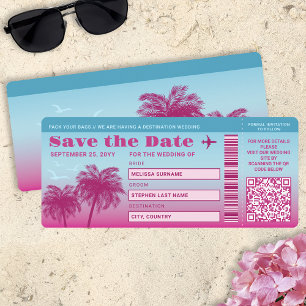 Roze Blauwe Palmen Faux Boarding Pass Save The Dat Kaart