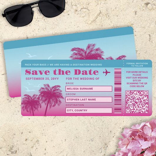 Roze Blauwe Palmen Faux Boarding Pass Save The Dat Kaart
