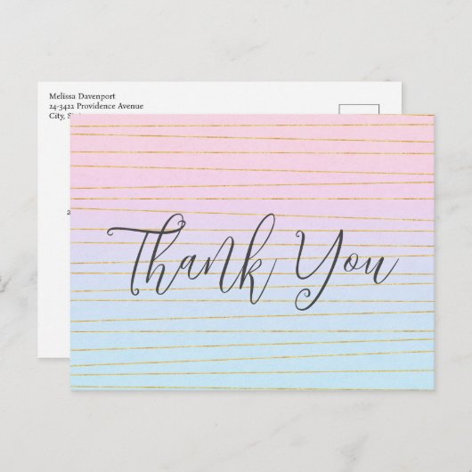 Roze Blauwe Pastel Gradient met Gouden Lijn Dank U Briefkaart (Voorkant / Achterkant)