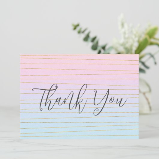 Roze Blauwe Pastel Gradient met Gouden Lijnen Bedankkaart (Staand voorkant)