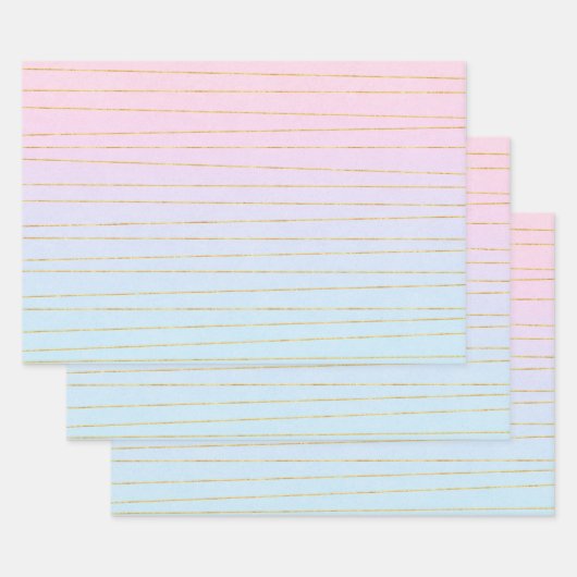 Roze Blauwe Pastel Gradient met Gouden Lijnen Inpakpapier Vel (Set)